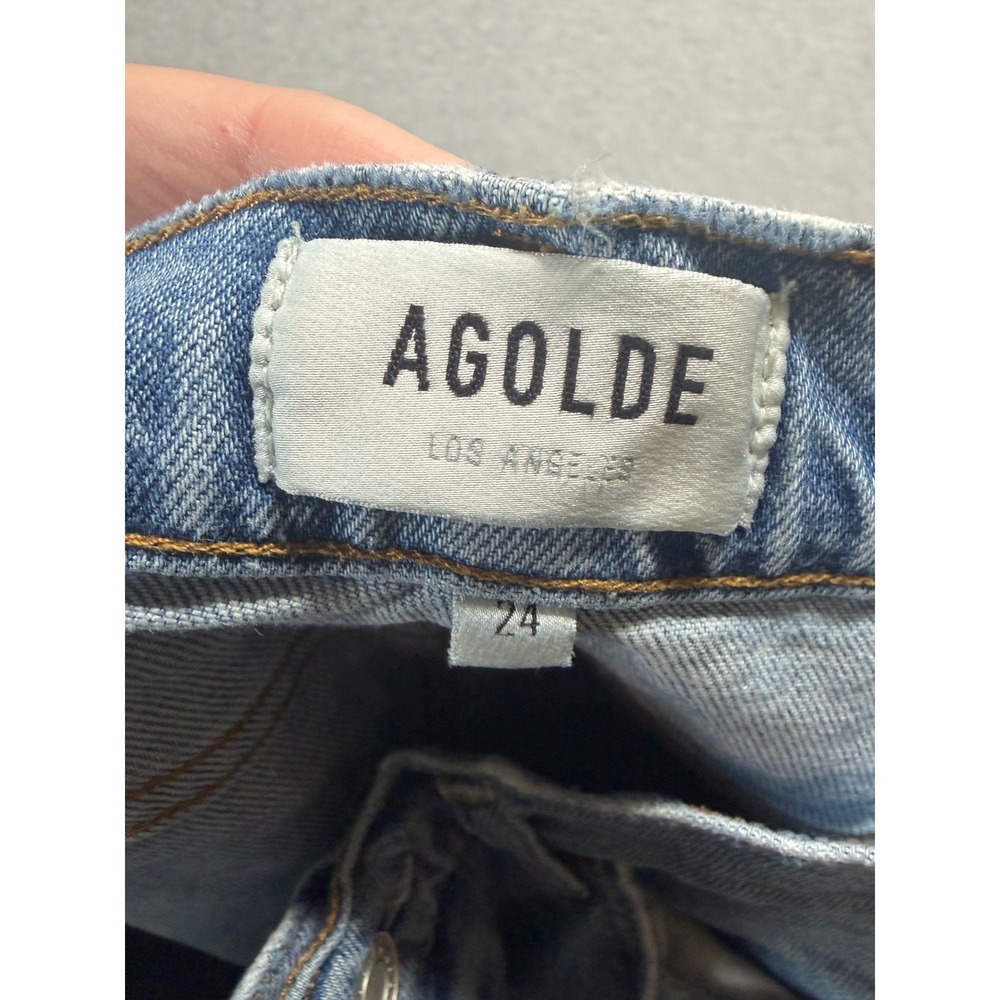 AGOLDE 90s Distressed High Rise Straight Leg Jeans 24 Button Fly Ripped Knee - Picture 8 of 11